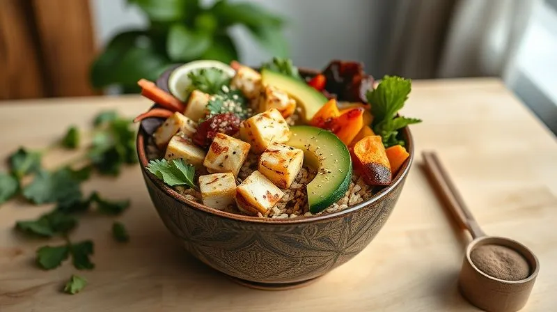 A photorealistic, professional photography shot of a vibrant, healthy vegetarian Buddha bowl featuring perfectly cooked brown rice as the base, topped with colorful roasted vegetables, grilled tofu cubes, fresh avocado slices, and a sprinkle of sesame seeds. The composition is artful and appealing, set on a light wooden table with soft, natural cinematic lighting. Sharp focus on the food, depth of field blurring the background. 8K hyper-detailed, shot on a high-end DSLR.