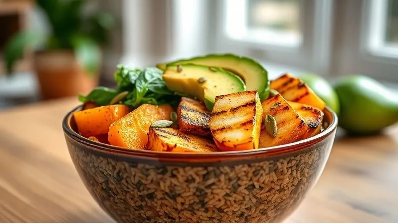 A photorealistic, professional photography shot of a beautifully arranged, colorful vegetarian Buddha bowl, featuring a base of perfectly cooked brown rice, topped with vibrant roasted sweet potatoes, fresh spinach, grilled halloumi cheese (or tofu for vegan), avocado slices, and a sprinkle of pumpkin seeds. The scene is bright and inviting, with soft, natural cinematic lighting. Sharp focus on the food, depth of field blurring the background. 8K hyper-detailed, shot on a high-end DSLR.