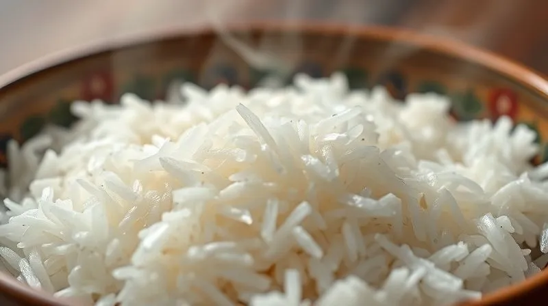 A photorealistic close-up of a bowl of fluffy white jasmine rice, steam gently rising, with a single grain of rice sharply in focus, cinematic lighting, 8K hyper-detailed, professional food photography.