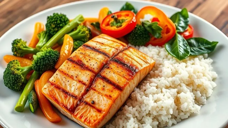 A vibrant, photorealistic platter featuring a perfectly portioned serving of jasmine rice next to grilled salmon and a colorful medley of steamed broccoli, bell peppers, and spinach, all arranged artfully, professional food photography, 8K, cinematic lighting, shallow depth of field, 8K hyper-detailed.