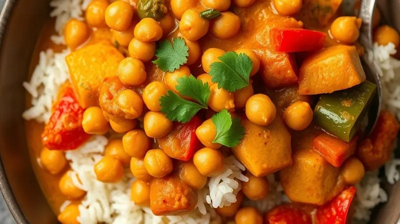 A close-up, top-down photorealistic shot of a vibrant, healthy vegan curry with chickpeas and colorful vegetables served over a bed of jasmine rice, garnished with fresh cilantro, professional food photography, 8K, cinematic lighting, shallow depth of field, 8K hyper-detailed.