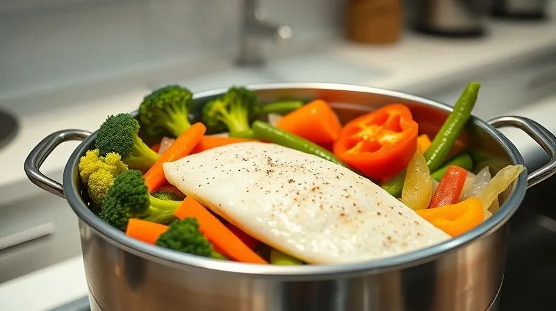 photorealistic, professional photography, 8K, cinematic lighting, sharp focus, depth of field, shot on a high-end DSLR. A modern, stainless steel steamer basket filled with a variety of colorful vegetables (broccoli, carrots, bell peppers) and a white fish fillet, with steam gently rising. The background is a clean, minimalist kitchen setting.
