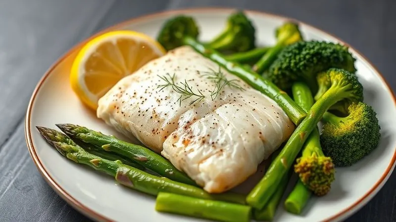 photorealistic, professional photography, 8K, cinematic lighting, sharp focus, depth of field, shot on a high-end DSLR. A perfectly portioned, healthy low-carb meal featuring a flaky, steamed white fish fillet, surrounded by vibrant, perfectly cooked green vegetables like asparagus and broccoli, with a lemon wedge and fresh dill. The plate is clean and minimalist, emphasizing the freshness and healthiness of the food. The lighting is soft and natural, highlighting the textures.