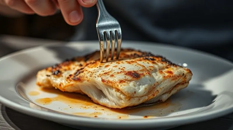 photorealistic, professional photography, 8K, cinematic lighting, sharp focus, depth of field, shot on a high-end DSLR. A close-up of a plate with a dry, overcooked piece of white fish, looking unappetizing. A person's hand is hesitantly poking it with a fork. The lighting is harsh, emphasizing the lack of moisture and appeal. The background is slightly blurred, focusing on the disappointing meal.