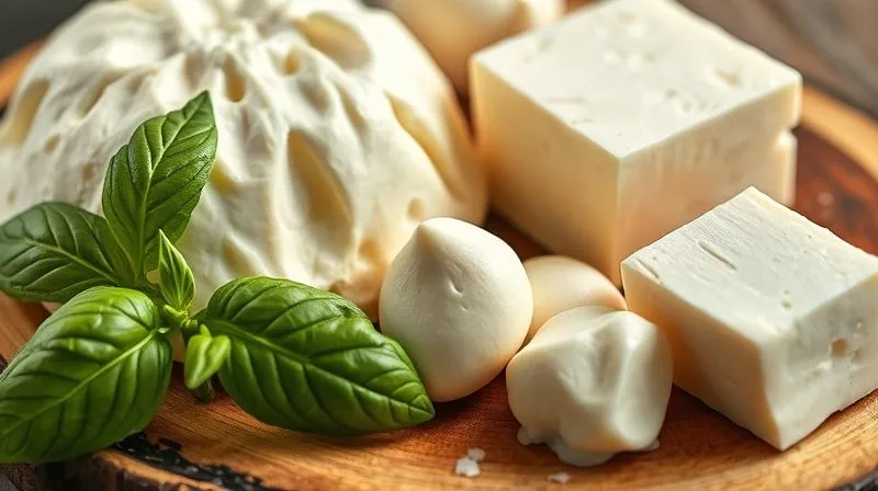 A close-up, photorealistic, professional photography, 8K, cinematic lighting, sharp focus, depth of field, shot on a high-end DSLR, of various types of mozzarella cheese – traditional buffalo mozzarella next to smaller, lighter bocconcini or ciliegine, and a block of light mozzarella, arranged on a rustic wooden board with a few basil leaves.
