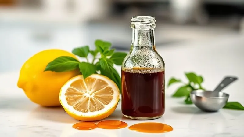 A photorealistic, professional photography, 8K, cinematic lighting, sharp focus, depth of field, shot on a high-end DSLR, of a small glass bottle filled with a homemade light balsamic glaze, next to a fresh lemon, a sprig of basil, and a measuring spoon, all on a clean, white kitchen counter, emphasizing healthy dressing alternatives.