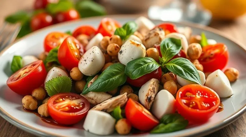 A beautifully plated, photorealistic, professional photography, 8K, cinematic lighting, sharp focus, depth of field, shot on a high-end DSLR, of the finished light and satisfying Caprese salad. It features light mozzarella, vibrant cherry tomatoes, fresh basil, and a light balsamic drizzle, perhaps with a sprinkle of roasted chickpeas or grilled chicken strips, suggesting a complete and healthy meal.