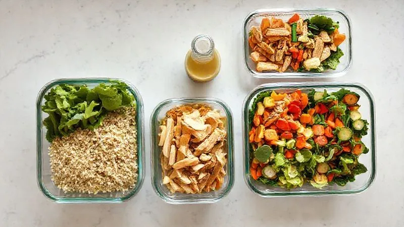 A photorealistic, top-down shot of a clean kitchen counter with several glass meal prep containers, each filled with perfectly portioned and organized ingredients for breakfast salads. One container shows separated greens, another cooked quinoa, a third grilled chicken, and a fourth chopped vegetables. A small, neatly labeled bottle of homemade dressing is placed beside them. The scene is tidy, efficient, and well-lit, emphasizing readiness and planning. 8K hyper-detailed, cinematic lighting, sharp focus, depth of field, shot on a high-end DSLR.