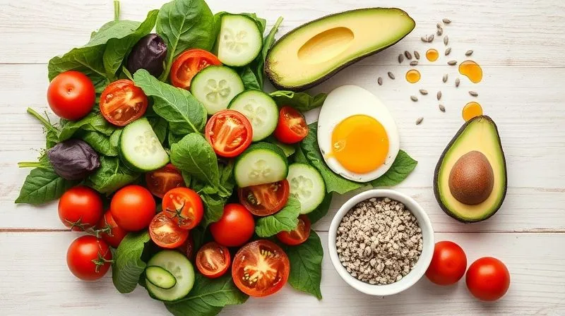 A professional, photorealistic flat lay image of various fresh, colorful ingredients for a healthy breakfast salad, arranged neatly on a light wooden background. Ingredients include spinach, cherry tomatoes, cucumber slices, a perfectly boiled egg, half an avocado, a small bowl of quinoa, scattered chia seeds, and a drizzle of olive oil. The composition should be visually appealing and suggest health and freshness. 8K, cinematic lighting, sharp focus, depth of field, shot on a high-end DSLR.