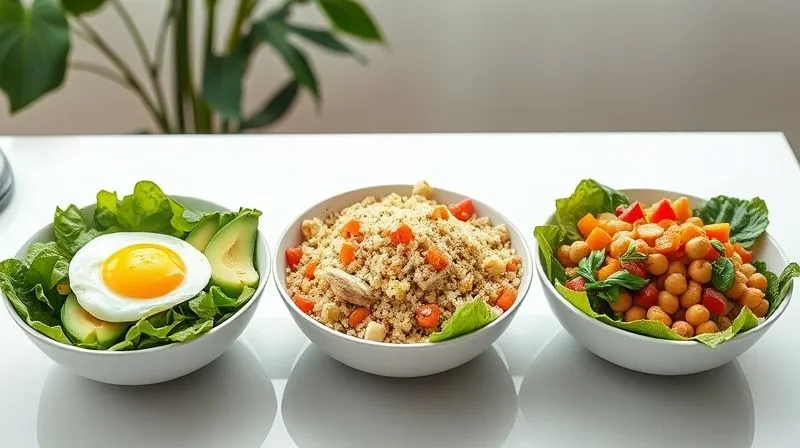 A photorealistic, professional photography shot of three distinct, beautifully presented breakfast salads side-by-side on a clean, minimalist white table. The first salad is a classic egg and avocado, the second a quinoa and chicken, and the third a vibrant vegan chickpea and sweet potato salad. Each bowl is garnished perfectly, showcasing fresh, colorful ingredients under bright, natural cinematic lighting. Sharp focus on the salads, with a soft depth of field. 8K hyper-detailed, shot on a high-end DSLR.