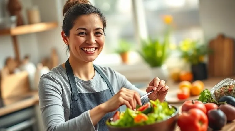 A photorealistic, professional photography image of a woman smiling confidently while preparing a healthy breakfast salad in a modern, sunlit kitchen. Her body language suggests energy and well-being. The focus is on her face and hands, with a vibrant, fresh salad visible in the foreground. Cinematic lighting, sharp focus, depth of field, 8K hyper-detailed, shot on a high-end DSLR.