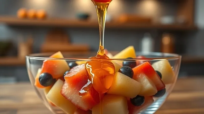 A close-up, photorealistic shot of a clear glass bowl filled with fruit salad, with a thick, syrupy honey drizzle cascading over it. The honey glistens under cinematic lighting, creating a sense of rich sweetness, but also a subtle hint of excessive indulgence. Sharp focus on the honey and fruit, with a blurred background of a modern kitchen. 8K hyper-detailed, professional photography, shot on a high-end DSLR.