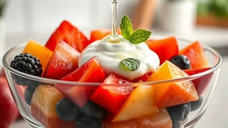 A close-up, photorealistic shot of a clear glass bowl with a vibrant fruit salad, topped with a creamy, unsweetened Greek yogurt and fresh mint leaves. A drizzle of lemon juice is visible. Cinematic lighting, sharp focus on the fresh ingredients, blurred background of a modern, bright kitchen. 8K hyper-detailed, professional photography, shot on a high-end DSLR, conveying freshness and healthy indulgence.