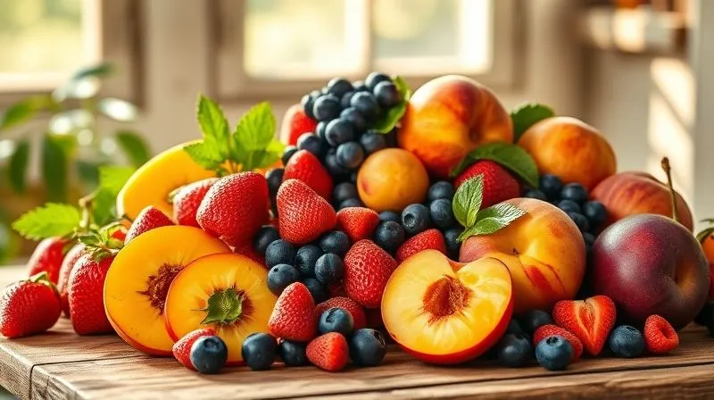 A vibrant, photorealistic still life of various seasonal fruits (strawberries, blueberries, raspberries, peaches, plums) artfully arranged on a rustic wooden table. Sunlight streams through a window, highlighting the freshness and natural colors of the fruit. Sharp focus on the foreground fruits, with a soft depth of field. 8K hyper-detailed, professional photography, shot on a high-end DSLR, evoking abundance and natural goodness.