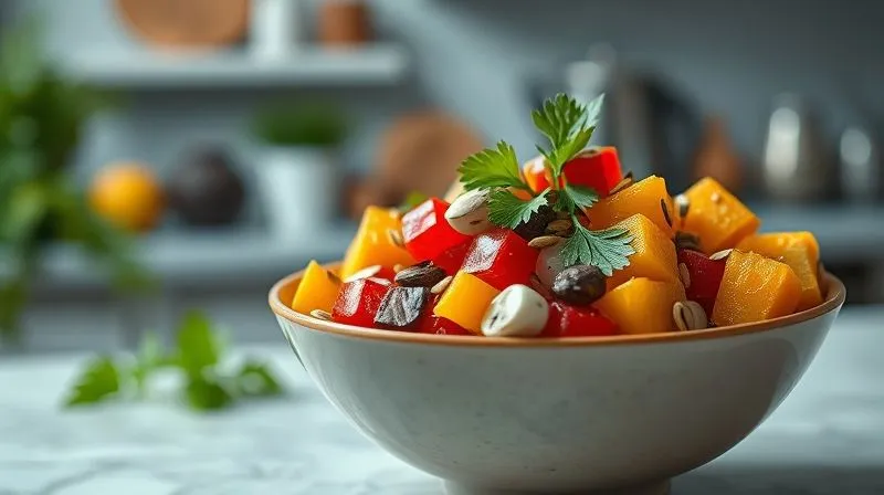 A vibrant, photorealistic bowl of exotic fruit salad with a subtle hint of red bell pepper and fresh cilantro, garnished with toasted pumpkin seeds. Cinematic lighting, sharp focus on the colorful ingredients, with a blurred background of a modern, minimalist kitchen. 8K hyper-detailed, professional photography, shot on a high-end DSLR, evoking a gourmet, healthy culinary experience.