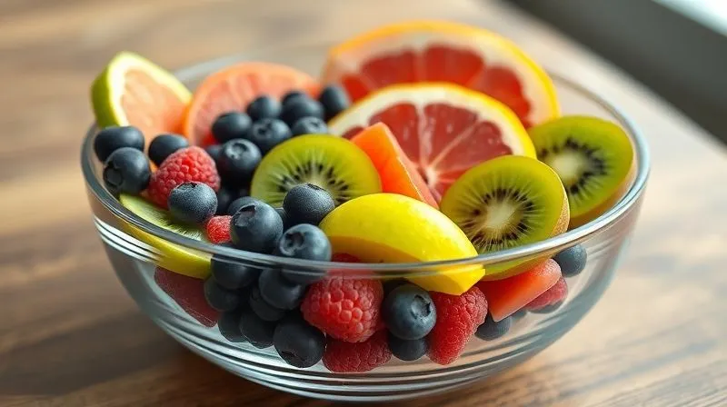 A photorealistic, professional photography, 8K, cinematic lighting, sharp focus, depth of field, shot on a high-end DSLR, of a vibrant, colorful assortment of fresh, low-glycemic fruits like blueberries, raspberries, sliced green apples, kiwi, and grapefruit, meticulously arranged in an elegant glass bowl on a wooden table. The lighting highlights the textures and freshness, suggesting health and vitality. No text or logos.