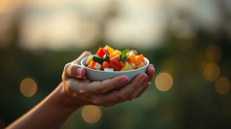 A photorealistic, professional photography, 8K, cinematic lighting, sharp focus, depth of field, shot on a high-end DSLR, of a person's hands gently holding a small bowl of colorful fruit salad, poised for a mindful bite. The background is softly blurred, suggesting a calm, evening setting. The focus is on the thoughtful, deliberate act of eating, with soft, warm light illuminating the scene, emphasizing peace and health. No text or logos.