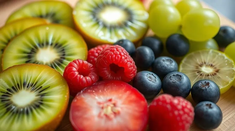 A close-up, photorealistic shot of freshly cut, vibrant fruits (kiwi slices, whole raspberries, blueberries, green grape halves) glistening with a light citrus glaze, ready to be packed. The focus is sharp on the fruit texture, with a clean wooden cutting board slightly blurred in the background. Professional photography, 8K, cinematic lighting, sharp focus, depth of field, shot on a high-end DSLR.