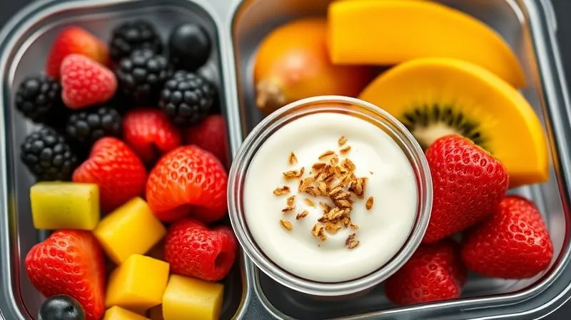 A professional, close-up shot of a healthy fruit salad in a multi-compartment lunchbox. One compartment holds vibrant berries, another has kiwi and mango, and a third contains a small separate container of Greek yogurt with a sprinkle of granola. The lighting is soft and natural, highlighting the freshness and texture of the ingredients. Photorealistic, professional photography, 8K, cinematic lighting, sharp focus, depth of field, shot on a high-end DSLR.