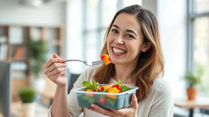 A photorealistic image of a cheerful, energetic woman in a modern office setting, taking a bite from a forkful of vibrant fruit salad from her lunchbox. She has a confident smile, and the office environment is bright and clean, suggesting productivity and well-being. Professional photography, 8K, cinematic lighting, sharp focus on the woman and her lunchbox, depth of field blurring the background, shot on a high-end DSLR.