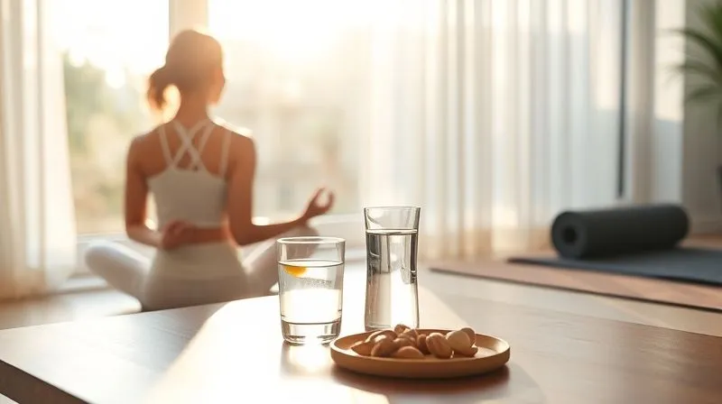 A serene, photorealistic image depicting a balanced lifestyle: a person meditating by a window bathed in soft morning light, a glass of water and a healthy snack (like nuts or a small fruit) on a nearby table, and a yoga mat subtly in the background. The scene conveys peace, health, and mindfulness. Professional photography, 8K, cinematic lighting, sharp focus, depth of field, shot on a high-end DSLR.