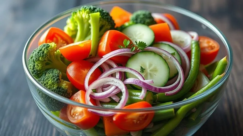 photorealistic, professional photography, 8K, cinematic lighting, sharp focus, depth of field, shot on a high-end DSLR, a vibrant, colorful medley of fresh and lightly steamed vegetables (broccoli florets, cherry tomatoes, sliced cucumber, bell peppers, red onion, and green beans) artfully arranged in a large glass bowl, ready to be added to a salad, conveying freshness and health.