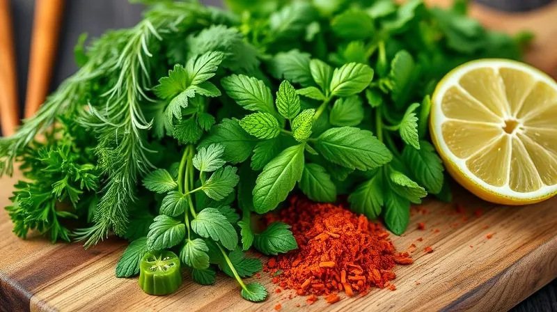 photorealistic, professional photography, 8K, cinematic lighting, sharp focus, depth of field, shot on a high-end DSLR, a close-up of an assortment of fresh, vibrant herbs (parsley, dill, mint, basil, cilantro) and colorful spices (paprika, cumin, chili flakes) artfully arranged on a rustic wooden board, with a lemon and lime half nearby, conveying freshness, aroma, and the joy of cooking.