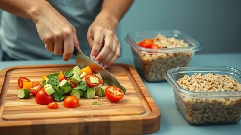 photorealistic, professional photography, 8K, cinematic lighting, sharp focus, depth of field, shot on a high-end DSLR, a person's hands meticulously preparing ingredients for a healthy rice salad, chopping colorful vegetables on a wooden cutting board, with pre-cooked brown rice and lean protein in containers in the background, emphasizing meal prepping and healthy cooking habits.