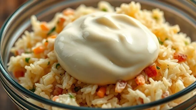 A close-up, photorealistic professional photography shot of a traditional, creamy rice salad in a glass bowl, with a large dollop of mayonnaise visible, alongside some processed ingredients. The lighting is slightly dim, emphasizing the heavy and potentially unhealthy aspect. Shot on a high-end DSLR, 8K hyper-detailed, sharp focus on the texture of the mayonnaise, depth of field blurring the background, creating a sense of a common dietary pitfall.