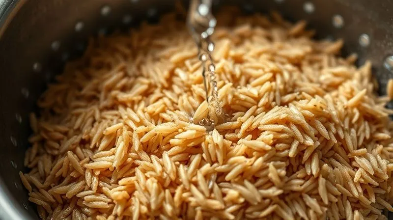A close-up, photorealistic professional photography shot of perfectly cooked brown rice, individual grains visible and fluffy, resting in a colander under a gentle stream of cold water. Cinematic lighting highlights the texture and freshness. Shot on a high-end DSLR, 8K hyper-detailed, sharp focus on the rice grains, depth of field blurring the background, emphasizing the preparation process for a healthy meal.