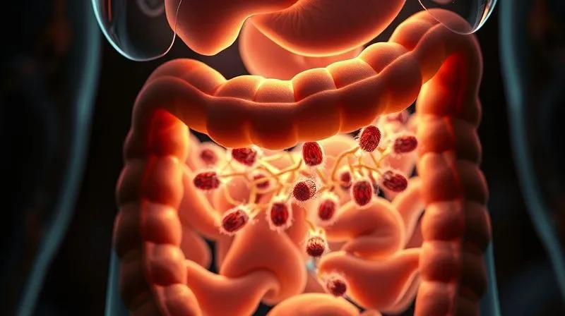 A conceptual, photorealistic professional photography shot depicting the internal workings of the human digestive system, with a focus on healthy gut bacteria and fiber-rich foods being processed. A subtle glow emanates from the gut, suggesting vitality and well-being. Cinematic lighting, sharp focus on the microscopic elements, depth of field blurring the background, 8K hyper-detailed, illustrating the scientific benefits of a balanced diet.