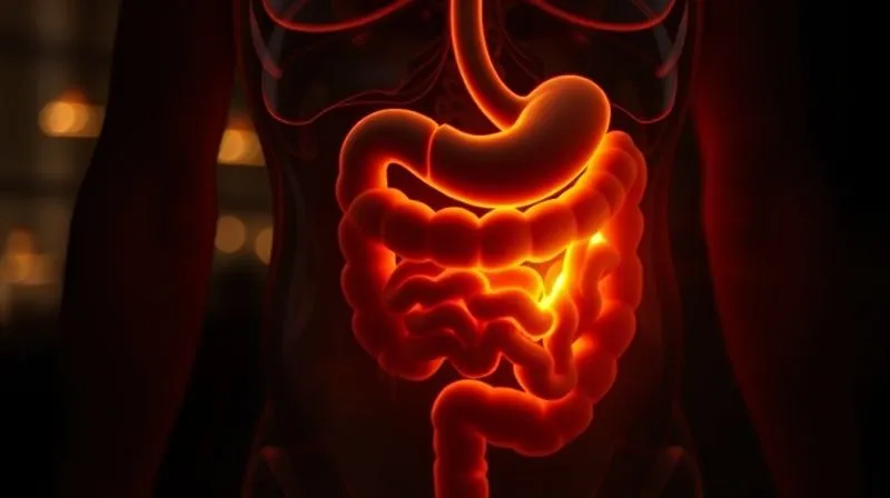 A subtle, artistic representation of the human metabolism at night, with gentle, warm light around the digestive system, hinting at efficient processing of food, photorealistic, professional photography, 8K, cinematic lighting, sharp focus, depth of field, shot on a high-end DSLR.