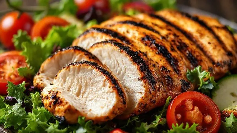 A close-up, photorealistic, professional photography shot of perfectly grilled chicken breast, sliced and arranged on a vibrant bed of fresh mixed greens, with cherry tomatoes and cucumber. The chicken has visible grill marks and a slight char, suggesting delicious flavor. Cinematic lighting, sharp focus on the chicken, depth of field blurring the background, 8K hyper-detailed, shot on a high-end DSLR.