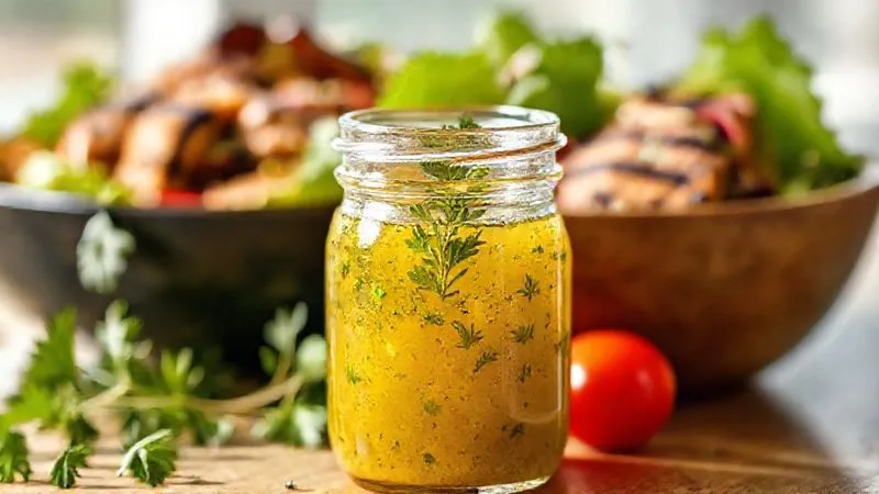 A professional photography shot of a small glass jar filled with a vibrant, homemade vinaigrette dressing, with fresh herbs like parsley and oregano visible. The jar is placed next to a bowl of fresh, colorful salad ingredients, including grilled chicken, in a bright, natural light setting. Sharp focus on the dressing, depth of field blurring the background, 8K hyper-detailed, shot on a high-end DSLR.