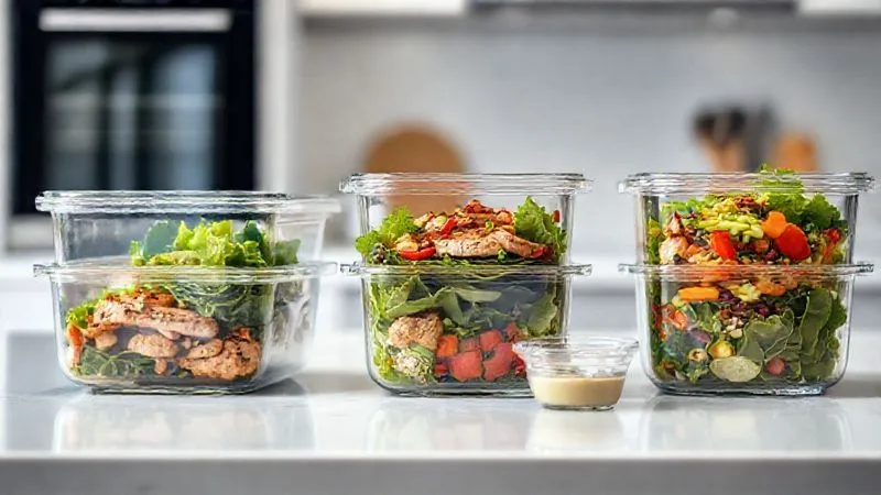 A photorealistic, professional photography image of several clear glass meal prep containers neatly arranged on a clean kitchen counter. Each container holds different, vibrant components of a chicken salad, such as grilled chicken, mixed greens, chopped vegetables, and a separate small container for dressing. The scene is bright and organized, emphasizing healthy meal planning. Cinematic lighting, sharp focus on the containers, depth of field blurring a modern kitchen background, 8K hyper-detailed, shot on a high-end DSLR.