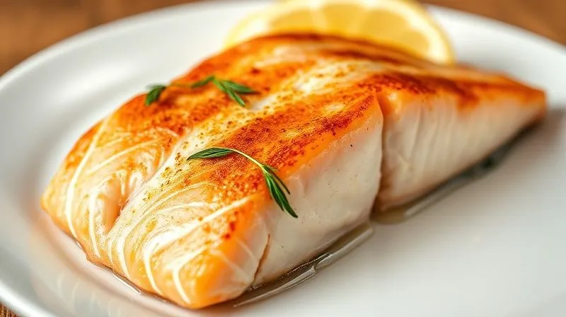 A close-up, photorealistic image of a perfectly cooked salmon fillet, flaky and golden-brown on top, served on a plain white plate. The salmon is garnished with fresh dill and a lemon wedge, with subtle steam rising. Cinematic lighting, sharp focus, depth of field, 8K, professional photography, shot on a high-end DSLR.