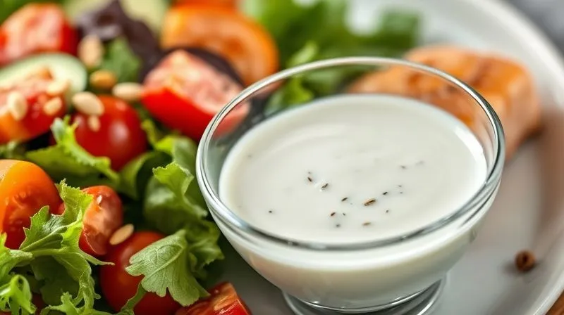 A photorealistic, professional photography image focusing on a small, elegant glass bowl filled with a light, creamy yogurt-herb dressing, next to a fresh salmon salad. The salad is vibrant with greens, cherry tomatoes, and cucumber, with a small sprinkle of toasted pumpkin seeds. Cinematic lighting, sharp focus on the dressing, depth of field, 8K, shot on a high-end DSLR.