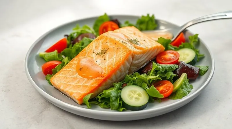 A vibrant, photorealistic image of a freshly prepared, healthy salmon salad on a modern, light grey plate. The salad features a perfectly baked salmon fillet, crisp mixed greens, bright cherry tomatoes, thin cucumber slices, and a light, clear lemon-dill dressing visibly drizzled over. The composition is clean and appealing, with soft, natural light illuminating the fresh ingredients. 8K, sharp focus, depth of field, professional photography, shot on a high-end DSLR.