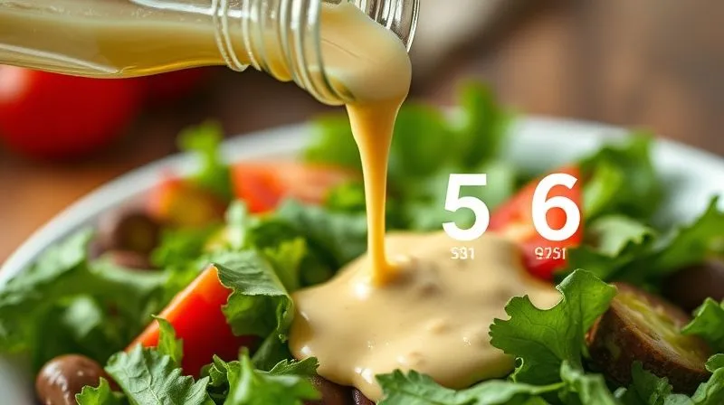 photorealistic, professional photography, 8K, cinematic lighting, sharp focus, depth of field, shot on a high-end DSLR. A close-up shot of a rich, creamy salad dressing being generously poured from a bottle onto a fresh green salad, with calorie numbers subtly appearing as a digital overlay or infographic element, emphasizing hidden calories.