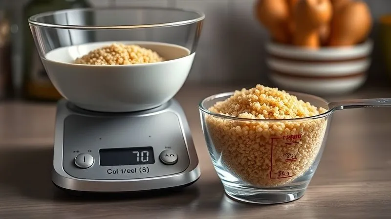 photorealistic, professional photography, 8K, cinematic lighting, sharp focus, depth of field, shot on a high-end DSLR. A kitchen scale weighing a bowl of cooked quinoa, with a measuring cup next to it, showing a specific portion size (e.g., 3/4 cup). Emphasize precision and portion control.