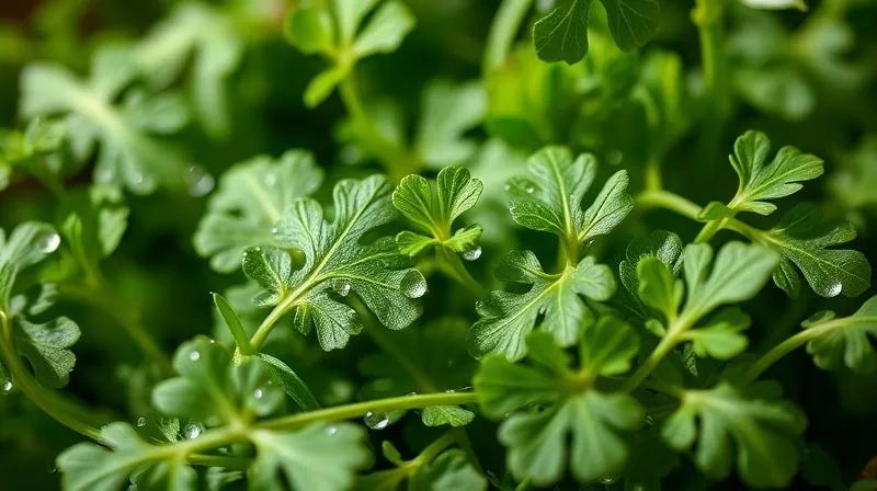 Photorealistic, professional photography, 8K, cinematic lighting, sharp focus, depth of field, shot on a high-end DSLR. A close-up of fresh, vibrant arugula leaves with tiny water droplets, glistening under natural light, highlighting its peppery texture and rich green color. A small nutritional information label (blurred, no actual text) is subtly visible in the background, emphasizing health.