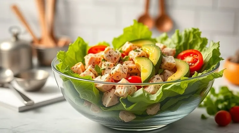 A vibrant, photorealistic keto tuna salad in a modern glass bowl, artfully arranged with chunks of tuna, sliced avocado, cherry tomatoes, crisp lettuce, and a drizzle of olive oil. The background features a softly blurred kitchen counter with measuring spoons and a nutritionist's notebook, suggesting careful preparation and health. Cinematic lighting, sharp focus on the salad, depth of field, 8K, professional photography, shot on a high-end DSLR.