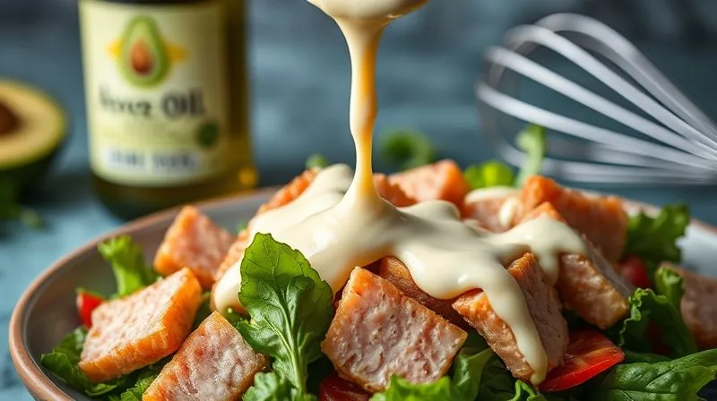 A close-up, photorealistic shot of a creamy, homemade keto mayonnaise being drizzled over a fresh keto tuna salad. The mayonnaise is thick and glossy, contrasting with the vibrant greens and flaky tuna. The background is softly blurred, showing a bottle of high-quality avocado oil and a whisk. Cinematic lighting, sharp focus on the drizzle, depth of field, 8K, professional photography, shot on a high-end DSLR.
