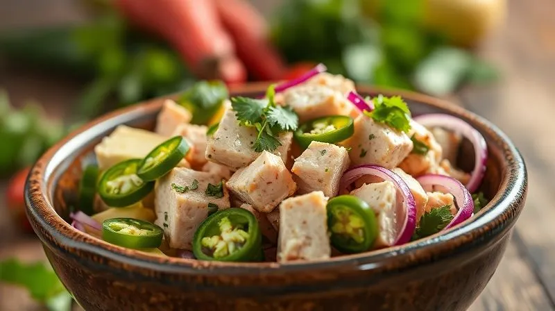 A vibrant, close-up shot of a gourmet keto tuna salad with a spicy kick, featuring chunks of tuna, creamy avocado, red onion, jalapeños, and fresh cilantro, served in a rustic ceramic bowl. The ingredients are perfectly visible, inviting and fresh. Cinematic lighting highlights the textures, sharp focus on the salad, depth of field blurring a background of exotic spices, 8K, professional photography, shot on a high-end DSLR.