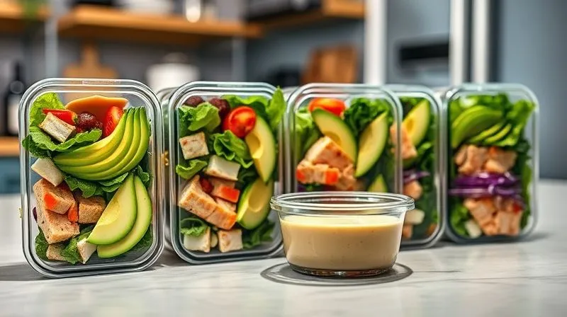 A professional, photorealistic image of neatly packed keto tuna salad meal prep containers, showcasing vibrant, fresh ingredients like tuna, avocado, mixed greens, and a separate small container for dressing. The setup is clean and organized on a modern kitchen counter, suggesting efficiency and health. Cinematic lighting, sharp focus on the meal prep, depth of field blurring the background, 8K, professional photography, shot on a high-end DSLR.
