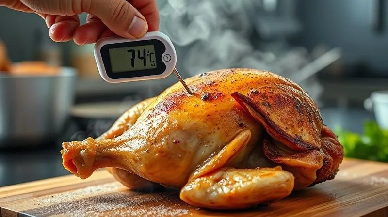 A close-up, photorealistic, professional photography, 8K, cinematic lighting, sharp focus, depth of field, shot on a high-end DSLR, of a golden-brown, perfectly roasted chicken breast being gently pierced by a digital meat thermometer, displaying a reading of 74°C. The chicken is on a cutting board, surrounded by steam, with a blurred background of a modern kitchen, highlighting precision and culinary success.