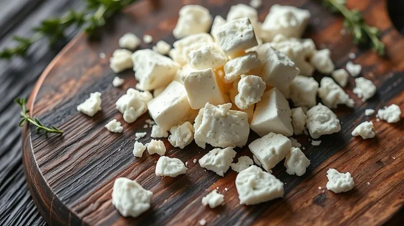 Photorealistic, professional photography, 8K, cinematic lighting, sharp focus, depth of field, shot on a high-end DSLR. A close-up shot of crumbled feta cheese on a dark rustic wooden board, surrounded by fresh herbs like oregano and thyme, with a subtle glow of cinematic lighting. The texture of the feta is clearly visible, emphasizing its quality and appetizing nature.