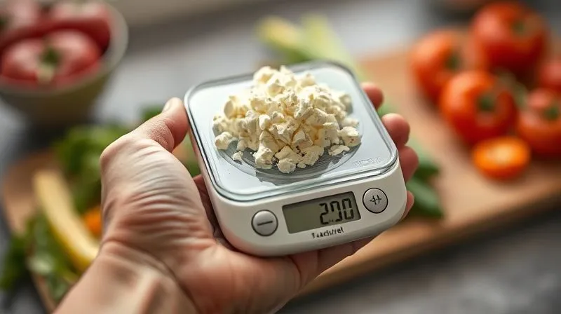 Photorealistic, professional photography, 8K, cinematic lighting, sharp focus, depth of field, shot on a high-end DSLR. A person's hand holding a small digital kitchen scale, weighing a portion of crumbled feta cheese, with fresh vegetables blurred in the background. The focus is on the precision of weighing food, conveying the importance of portion control in a low-carb diet.
