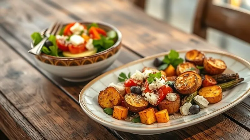Photorealistic, professional photography, 8K, cinematic lighting, sharp focus, depth of field, shot on a high-end DSLR. A rustic wooden table set with a vibrant, low-carb Greek salad in a ceramic bowl, alongside a plate of beautifully roasted vegetables with melted feta. The scene is bathed in warm, natural light, emphasizing healthy, delicious food.