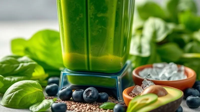 A photorealistic, professional photography shot of a sleek blender filled with a vibrant green protein shake. Around the base of the blender are meticulously arranged ingredients: fresh spinach leaves, a handful of blueberries, sliced avocado, a small bowl of chia seeds, and a few ice cubes. Cinematic lighting, sharp focus on the ingredients and blender, depth of field blurring the background. 8K hyper-detailed, shot on a high-end DSLR.